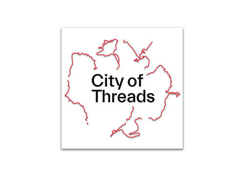 The City of Threads logo is square in shape, with the words City of Threads situated in the centre; black text on white background. Fine red wiggly lines emanate out from the title words, tracing fragments of actual journeys featured in the podcast.